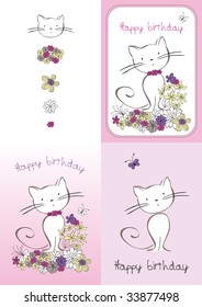 vector graphic set with cat and flowers