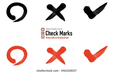 Vector graphic set of check mark drawn in Oriental brush