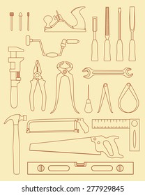 Vector graphic set of common hand tools used by carpenters. Flat style. Beautiful design elements, perfect for icons and labels. For any industry related to the woodworking.