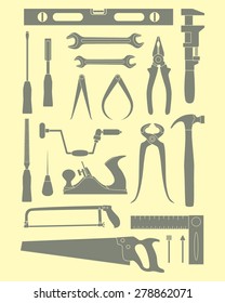 Vector graphic set of common hand tools used by carpenters. Flat style. Beautiful design elements, perfect for icons and labels. For any industry related to the woodworking.