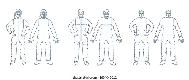 Vector graphic set. Concept scalable, line, outline, linear design. Disposable protective antiviral, antiplague suit, coveralls, overall, unionalls. Respiratory mask. Coronavirus. Symbol, sign.