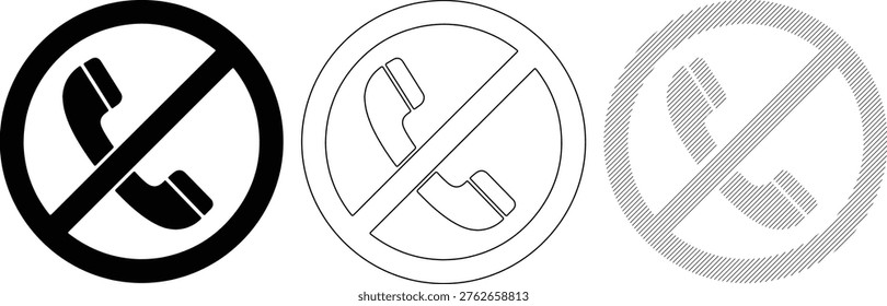 Vector graphic set depicting a phone handset crossed out within a circle signifying disallowed calls. Ideal for signage or digital interfaces.