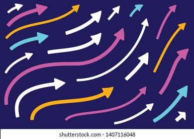 Vector graphic set of different color arrow moving up on dark background. Flat style creative design for web, site, banner, poster