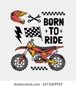 Conjunto de gráficos de Vector con una moto de tierra, casco, llave inglesa, bandera a cuadros y texto "BORN TO RIDE" sobre fondo blanco. Ideal para los entusiastas de la motocicleta y la ropa de carreras.