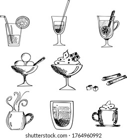 Vector graphic set of drinks, ice cream and spices. Hand drawn sketches