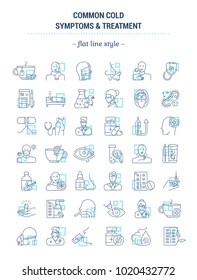 Vector graphic set. Editable outline stroke size. Icons in flat, contour, thin and linear design. Common cold. Symptoms, treatment, prevention. Simple isolated icons. Concept illustration for Web site