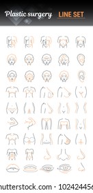 Vector graphic set. Editable outline stroke size. Icons in flat, contour, thin and linear design. Plastic surgery. Simple isolated icons. Concept illustration for Web site. Sign, symbol, element.