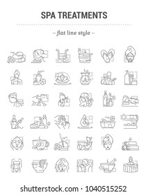 Vector graphic set. Editable stroke size. Icons in flat, contour, outline, thin and linear design. Spa treatments. Simple isolated icons. Concept illustration for Web site. Sign, symbol, element.