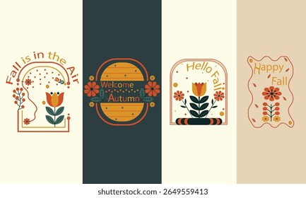 Vector graphic set with fall season theme illustration. Including phrases such as Happy fall, Hello fall, Welcome autumn, Fall is in the air. Perfect for t-shirt print,poster