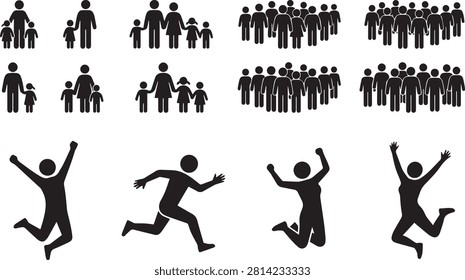 Vector graphic set featuring family stick figures, dense crowd groups, and dynamic active silhouettes of jumping and running people.
