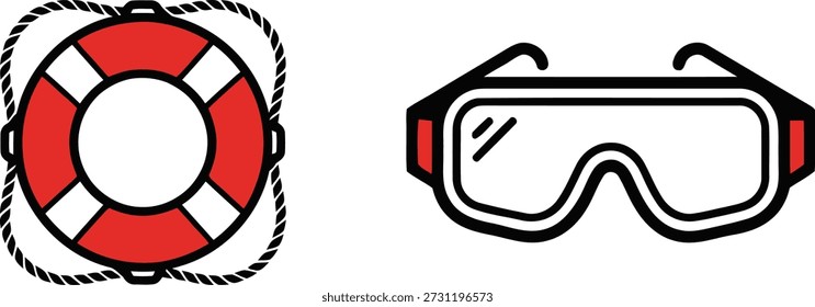 Vector graphic set featuring a marine safety buoy and protective eyewear for water activities.