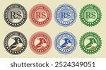 Vector graphic set of financial fictional south american seals. Collection of round icons with brazilian real symbol and red-bellied blackbird, inscription in Portuguese means central bank of Brazil.