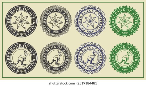 Conjunto gráfico de Vector de sellos ficticios financieros. Colección de iconos redondos con inscripción de canguro y banco de reservas de Australia. Emblemas o insignias.