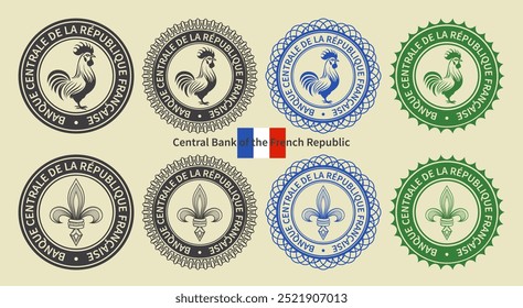 Conjunto gráfico vetorial de selos financeiros fictícios da França. Coleção de ícones redondos com galo e lírio real estilístico, inscrição em francês significa Banco Central da República Francesa. Emblemas ou distintivos.