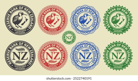 Conjunto gráfico de Vector de sellos ficticios financieros. Colección de iconos redondos con el pájaro del kiwi y la silueta del mapa del país. Inscripción maorí significa Banco de Reserva de la Nueva Zelanda. Emblema e insignias.