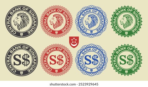 Conjunto gráfico de Vector de sellos ficticios financieros. Colección de iconos redondos con cabeza de león y símbolo de dólar. Inscripción, banco central de Singapur. Emblema e insignias.