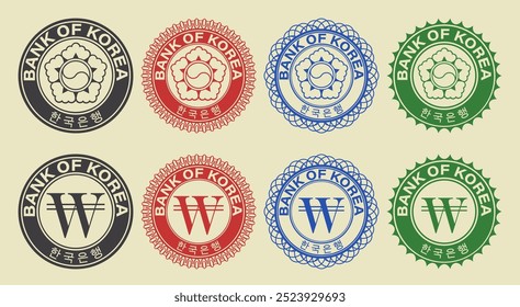 Conjunto gráfico de Vector de sellos ficticios financieros de Corea del Sur. Colección de iconos redondos con cinco pétalos, Yin y Yang, símbolo de won, inscripción en coreano significa banco de Corea.