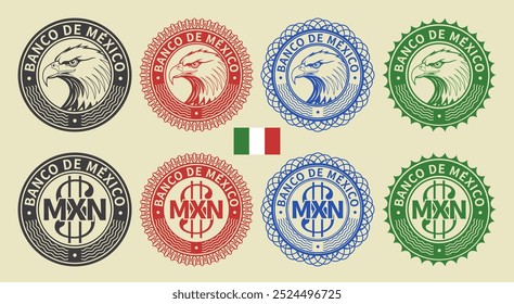 Vector graphic set of financial fictional American seals. Collection of round icons with Mexican peso symbol and eagle head. Spanish inscription means bank of Mexico.