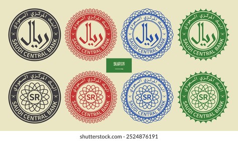 Conjunto gráfico de Vector de sellos orientales ficticios financieros. Colección de iconos redondos con símbolo de riyal saudita y patrón de contorno. Inscripción árabe significa Banco Central saudita.