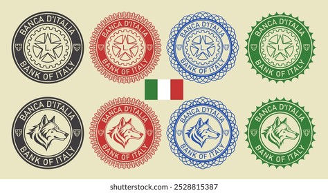 Vector graphic set of financial fictional european seals. Round icons with head of wolf and star, gear. Italian inscription means Bank of Italia.