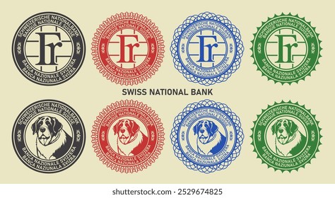 Vector graphic set of financial fictional seals. Round icons with Swiss franc symbol and the head of a St. Bernard dog. The inscription in German, French, Italian and Romansh means Swiss National Bank