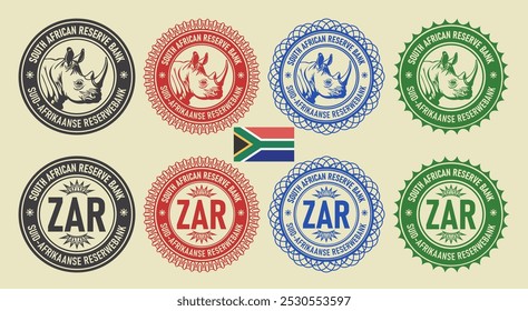 Vector graphic set of financial fictional seals of RSA. Round icons with rhinoceros head and rand symbols. The Afrikaans inscription means South African Reserve Bank