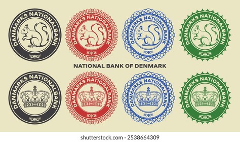 Vector graphic set of financial fictional color seals. Round icons with graphic squirrel and royal crown. Danish inscription means National Bank of Denmark.