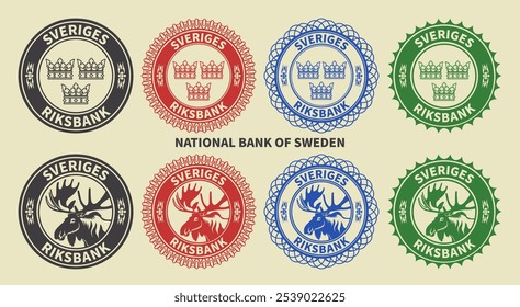 Vector graphic set of financial fictional color seals. Round icons with moose and royal crown. The inscription in Swedish means National Bank of Sweden.