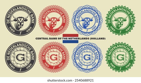 Conjunto gráfico de Vector de sellos de color ficticios financieros de Holanda. Iconos redondos, vaca y escudo con florín. Inscripción en holandés significa Banco Central de los Países Bajos.