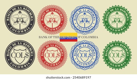 Vector graphic set of financial fictional Colombian color stamps. Round icons, orchid flower and peso symbol. Spanish inscription means Bank of Republic of Colombia.