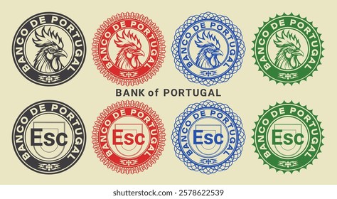 Vector graphic set of financial fictional seals. Collection of round icons with rooster head and escudo symbol, inscription in portuguese means Bank of Portugal. Emblems or badges.