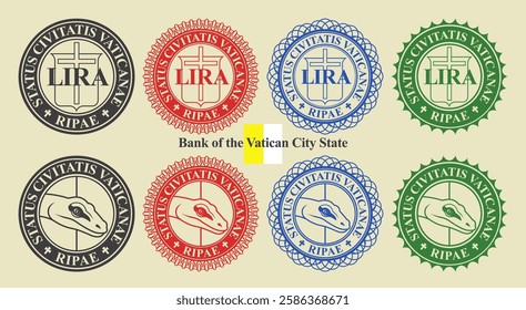 Vector graphic set of financial fictional seals. Collection of round icons with snake head and lira symbol, inscription in latin means Bank of city of vatican state. Emblems or badges