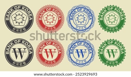 Vector graphic set of financial fictional seals of South Korea. Collection of round icons with five petals, Yin and Yang, won symbol, inscription in Korean means bank of Korea.