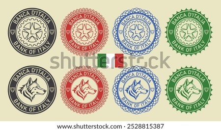 Vector graphic set of financial fictional european seals. Round icons with head of wolf and star, gear. Italian inscription means Bank of Italia.
