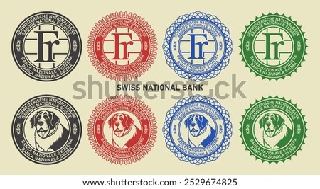 Vector graphic set of financial fictional seals. Round icons with Swiss franc symbol and the head of a St. Bernard dog. The inscription in German, French, Italian and Romansh means Swiss National Bank