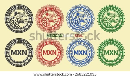 Vector graphic set of financial fictional American seals. Collection of round icons with Mexican peso symbol and spotted leopard head. Spanish inscription means bank of Mexico
