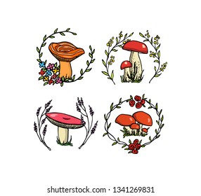 Vector graphic set of  floral emblems with hand drawn wild mushrooms. Ink drawing, graphic style. Beautiful design elements.