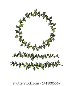 Vector Graphic Set Of H Hand Drawn English Ivy Wreath And Borders. Ink Drawing, Beautiful Floral Design Elements