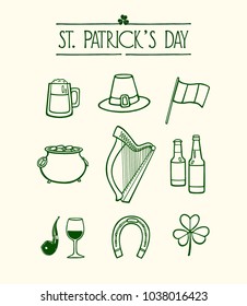 Vector graphic set of hand drawn St. Patrick's Day symbols. Beautiful ink drawing, perfect for Saint Patrick's Day design