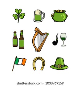 Vector graphic set of hand drawn St. Patrick's Day symbols. Beautiful ink drawing, perfect for Saint Patrick's Day design