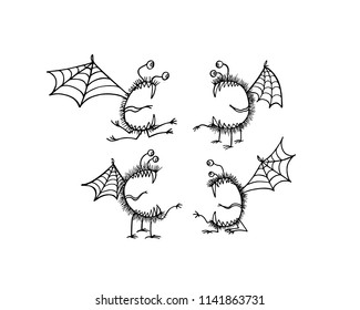 Vector graphic set of hand drawn cute talking monsters. Graphic style, ink drawing. Beautiful design elements