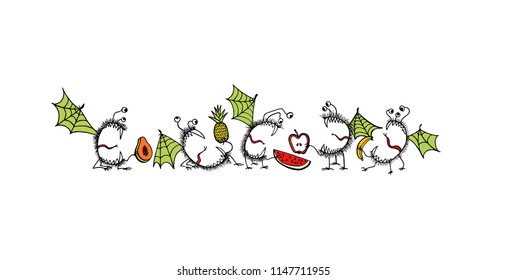 Vector graphic set of hand drawn cute monsters eating fruit. Graphic style, ink drawing. Beautiful design elements