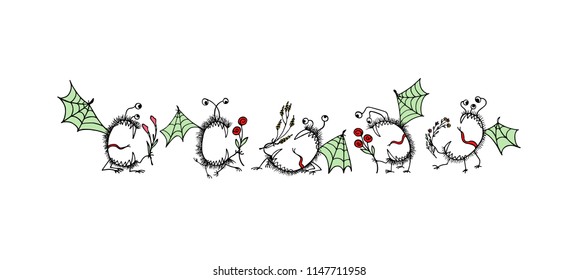 Vector graphic set of hand drawn cute monsters with flowers. Graphic style, ink drawing. Beautiful design elements