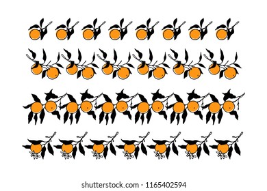 Vector graphic set of hand drawn orange tree borders. Ink drawing, graphic style, beautiful design elements