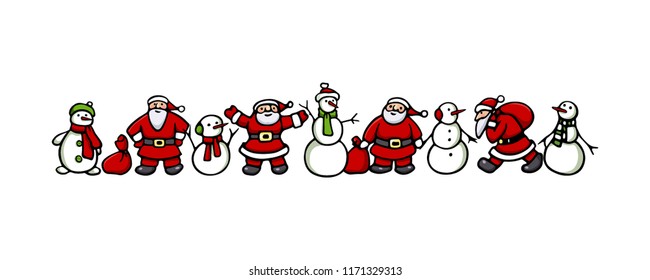 Vector graphic set of hand drawn cute Santa Clauses and snowmen.  Simple beautiful Christmas card. Cute lovely characters