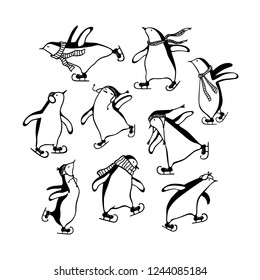 Vector graphic set of hand drawn cute penguins skating on ice. Ink drawing, funny illustration, beautiful animal design elements.