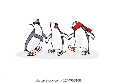 Vector graphic set of hand drawn cute penguins skating on ice. Ink drawing, funny illustration, beautiful animal design elements.