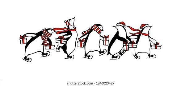 Vector graphic set of hand drawn cute penguins skating on ice with gift boxes. Ink drawing, funny illustration, beautiful holidays design elements.