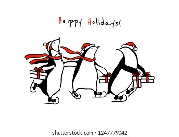 Vector graphic set of hand drawn cute penguins skating on ice with gift boxes. Ink drawing, funny illustration, beautiful holidays design elements.