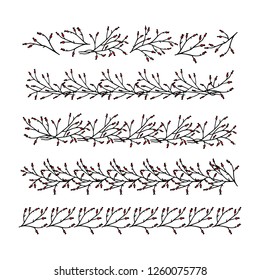 Vector graphic set of hand drawn winter floral borders. Ink drawing, graphic style, beautiful floral design element